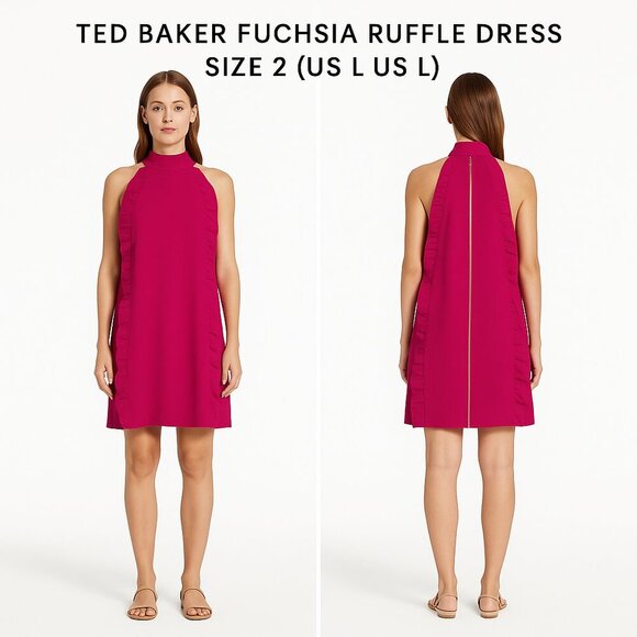 TED BAKER FUCHSIA RUFFLE HALTER DRESS SIZE 2 (US L) - Picture 1 of 9